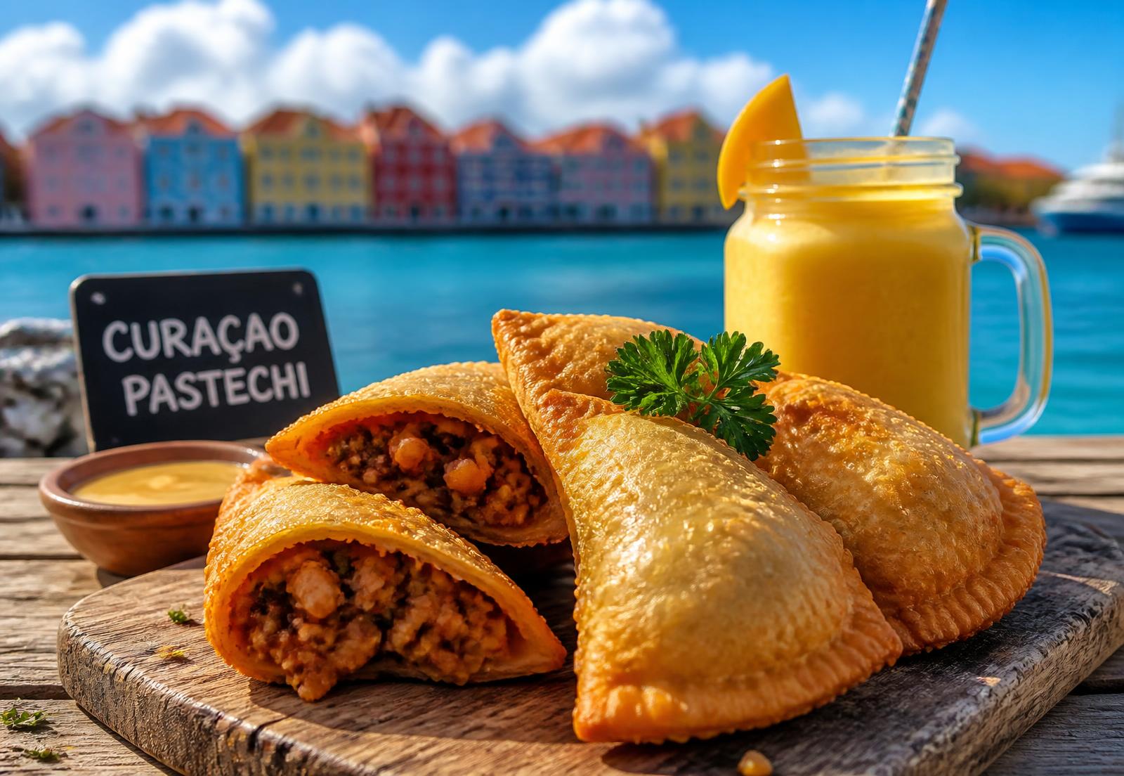 Curaçao pastechi en verse mango milkshake bij de zee
